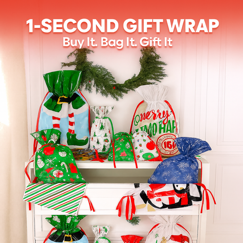 1-Second Gift Wrap-Drawstring Christmas Gift Bag (Biodegradable)